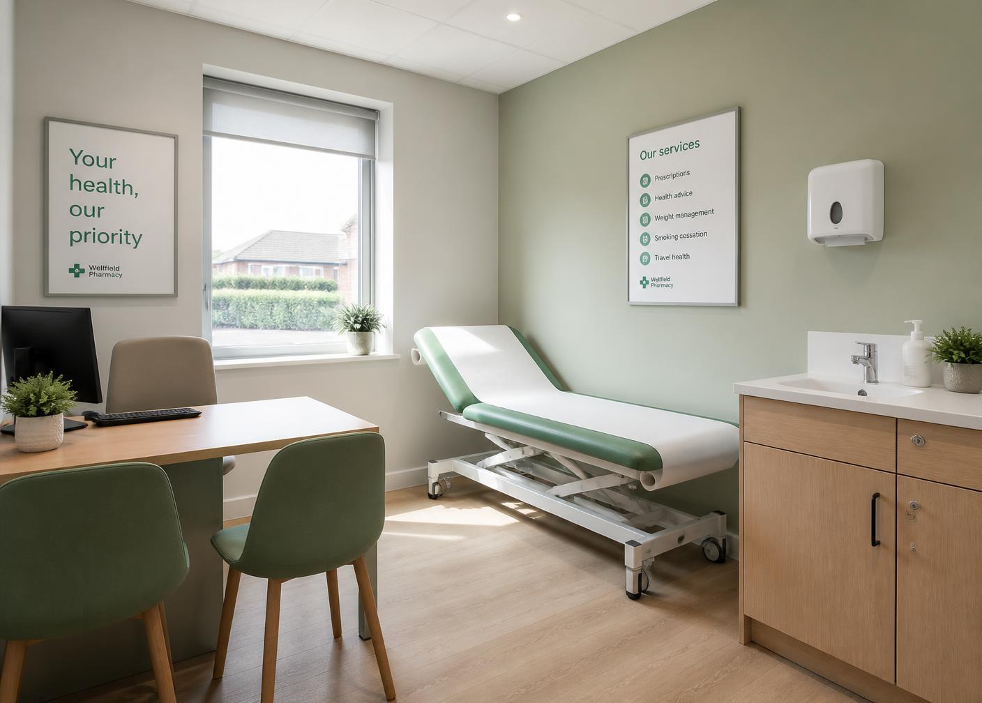 A bright pharmacy consultation room with an examination couch, desk and sink